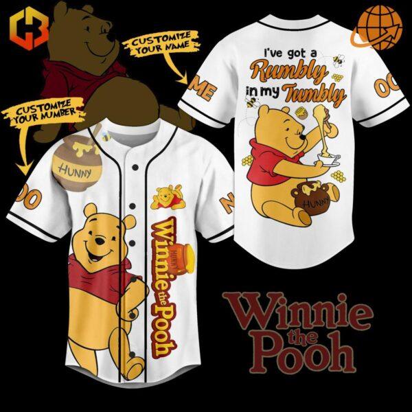 Baseball jersey featuring Winnie the Pooh and the phrase "Rumbly in My Tumbly."