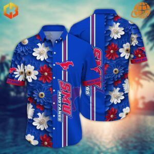 SMU Mustangs Hawaiian Shirt with blue background, red and white flowers, and team logo.