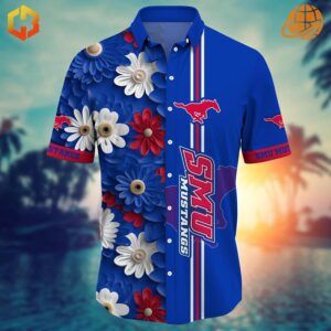 Detailed view of SMU Mustangs Hawaiian Shirt design with flowers and logo.