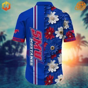 Side profile of SMU Mustangs Hawaiian Shirt displaying split design.