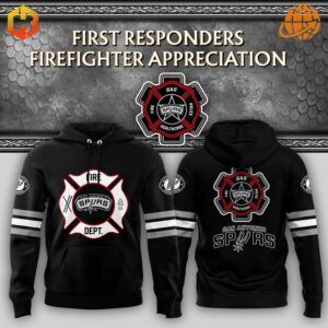 San Antonio Spurs 2024 Firefighter Appreciation Night Hoodie featuring firefighter emblems and team logos on black hoodies.