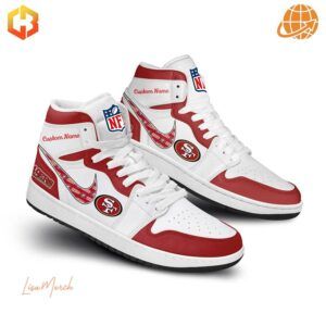 Make a statement with these custom San Francisco 49ers Air Jordan 1 shoes, blending iconic style with passionate team support.