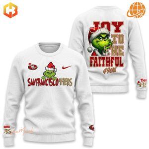 White sweatshirt with San Francisco 49ers Grinch holiday design on front and back