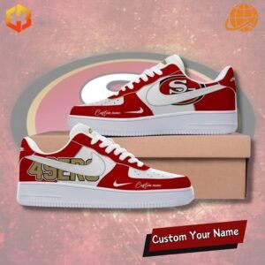 San Francisco 49ers Nike Air Force 1 sneakers with red, gold, and white accents