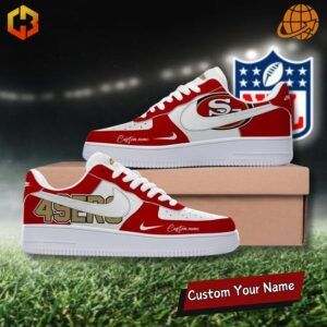 Close-up of San Francisco 49ers logo on the Nike Air Force 1 sneakers