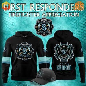 Front view of the Seattle Kraken 2024 Firefighter Appreciation Night Hoodie featuring a firefighter badge and Kraken logo.