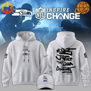 Light gray hoodie with "Be A Change Maker" and Seahawks logo.