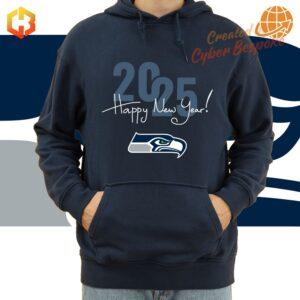 Seattle Seahawks Happy New Year 2025 Hoodie in navy and green with team logo