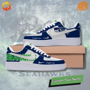 Seattle Seahawks Nike Air Force 1 sneakers with navy blue, green, and gray accents