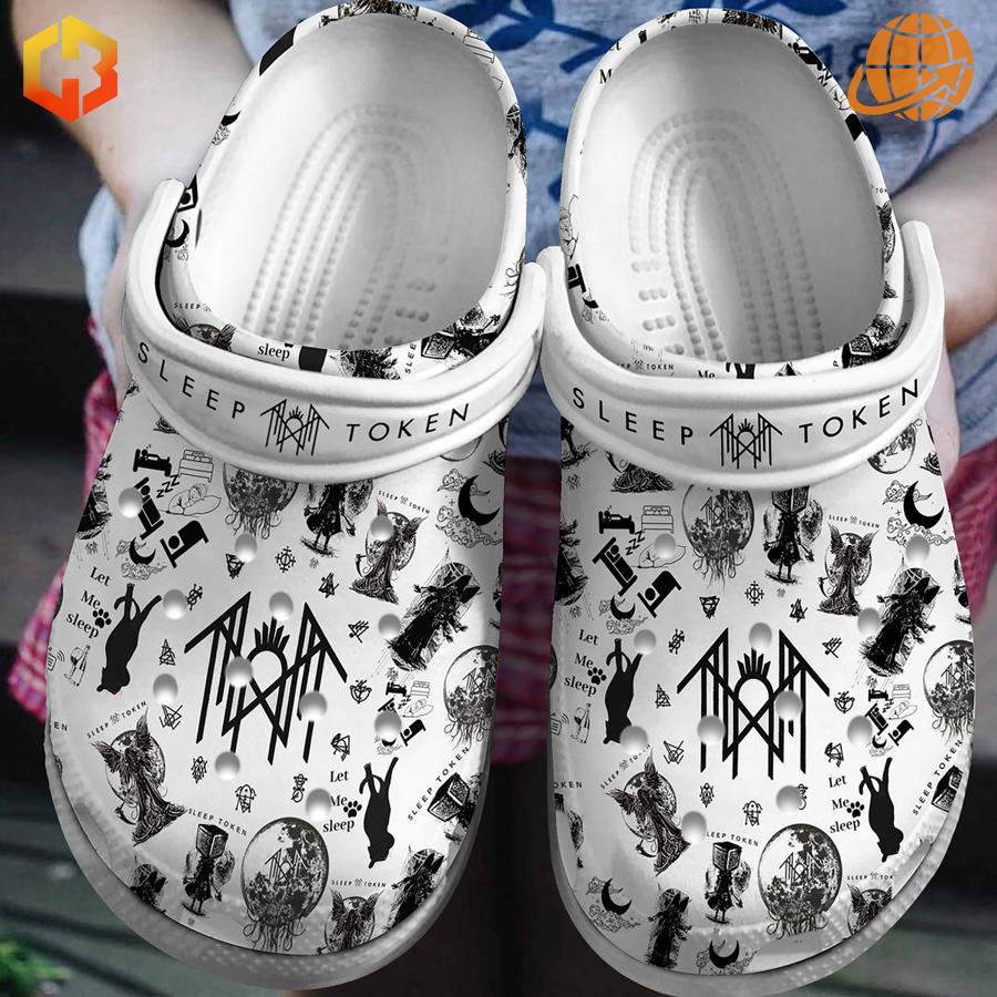 Sleep Token Band Crocs Shoes with black-and-white illustrations featuring gothic symbols, band logo, and artistic motifs, designed for Sleep Token fans.