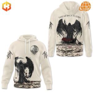 Cream-colored Sleep Token hoodie with black winged figure design on front and back, featuring "Take Me Back To Eden" text.