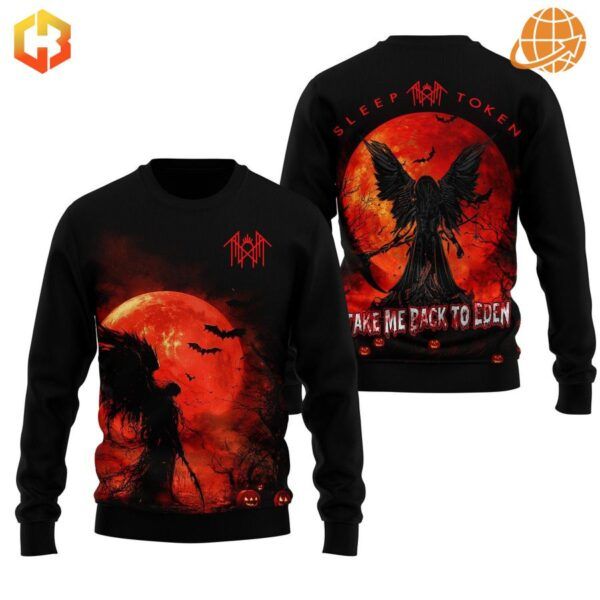 Two black long-sleeve sweatshirts with Sleep Token gothic designs featuring silhouettes and red moon imagery.