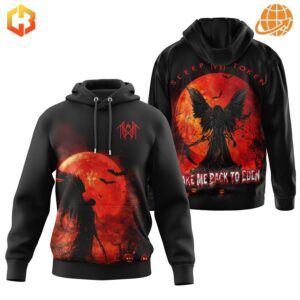 Black pullover hoodie with Sleep Token gothic design featuring silhouettes and red moon on front and back.