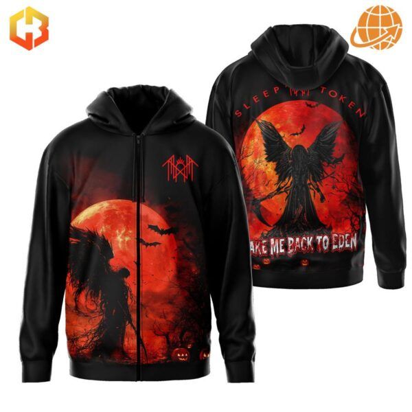 Black zip-up hoodie with Sleep Token gothic artwork on front and back panels, featuring silhouettes and red moon.