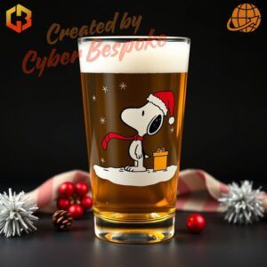 A festive beer glass featuring Snoopy in a Santa hat, holding holiday decorations, with 'Christmas 2024' text and cheerful seasonal design elements