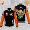 Son Goku Dragon Ball Baseball Jacket front and back views, black and orange design with anime characters