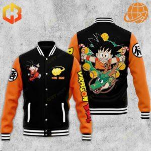 Son Goku Dragon Ball Baseball Jacket front and back views, black and orange design with anime characters