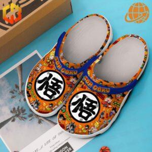 Son Goku Dragon Ball Crocs Shoes next to box on blue background