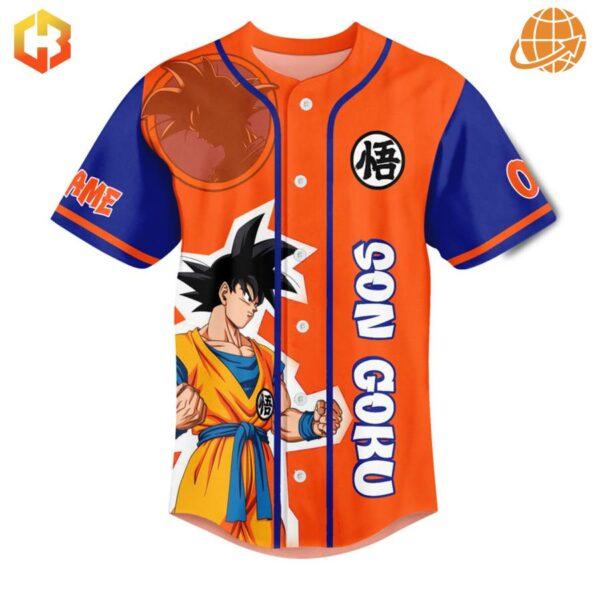 Close-up of Goku's image on the front of the Son Goku Dragon Ball Z Baseball Jersey.