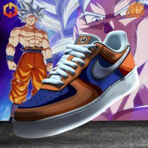 The Son Goku Ultra Instinct Nike Air Force Shoes displayed against a dynamic background featuring Goku in his Ultra Instinct form. The shoes' vibrant colors and intricate details are highlighted.