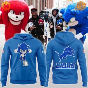 Front view of the Sonic Detroit Lions Hoodie featuring Sonic the Hedgehog and Detroit Lions logo design.