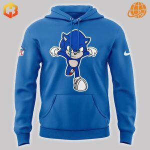 Detailed view of the Sonic Detroit Lions Hoodie's front graphic, showcasing Sonic the Hedgehog and Detroit Lions logo.