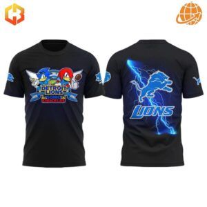 Front of the Sonic Knuckles Detroit Lions Black Shirt with Sonic and Knuckles holding football-themed items and a bold team banner.