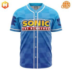 Front view of the Sonic The Hedgehog Baseball Jersey with logo and checkered pattern.