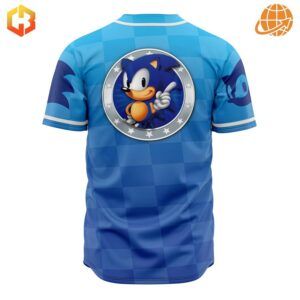 Back view of the Sonic The Hedgehog Baseball Jersey with Sonic graphic and checkered pattern.