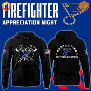 Front view of the St. Louis Blues 2024 Firefighter Appreciation Night Hoodie featuring the logo and firefighting symbols.