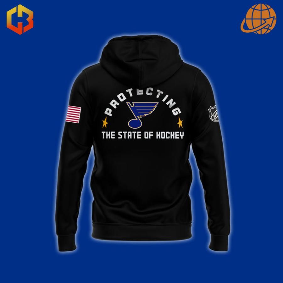 Back view of the St. Louis Blues 2024 Firefighter Appreciation Night Hoodie displaying the protective message and logo.