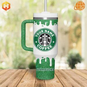 Starbucks Coffee Custom Stanley Tumbler displayed on wooden surface with blurred nature background