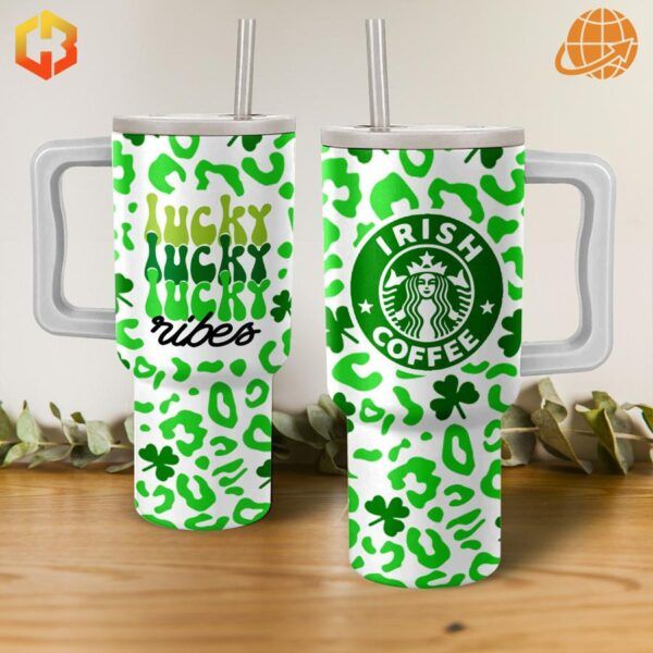 Starbucks Irish Coffee Lucky Stanley Tumbler with green leopard and clover pattern, featuring “Lucky Lucky Vibes” text.