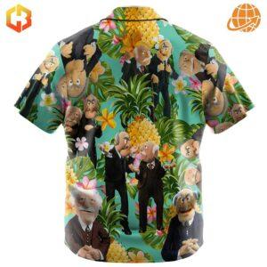 Colorful short-sleeve Hawaiian shirt with Statler and Waldorf from The Muppets, surrounded by palm leaves and flowers