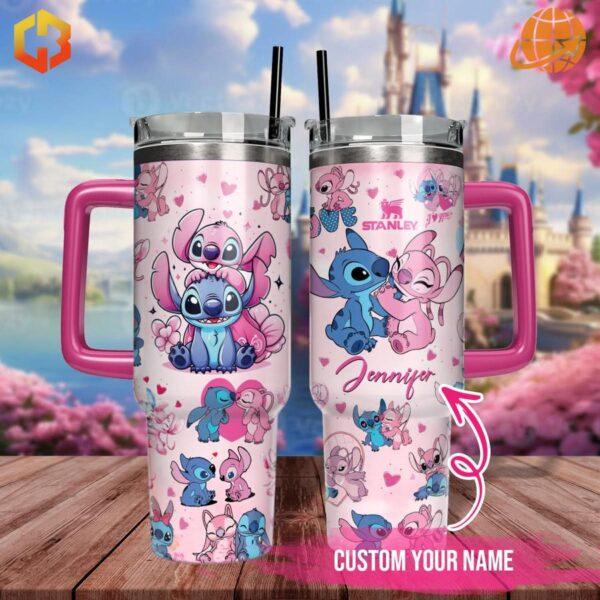 Stitch And Angel Stanley Tumbler with colorful design and customizable name option.