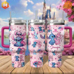 Full view of the Stitch And Angel Stanley Tumbler highlighting its unique design.