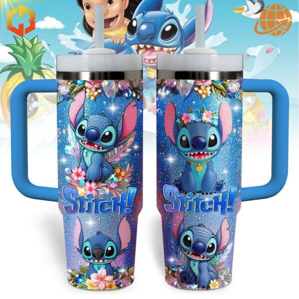 Two Stitch Cartoon Stanley Tumblers with vibrant blue and cosmic designs, displaying various poses of Stitch character.