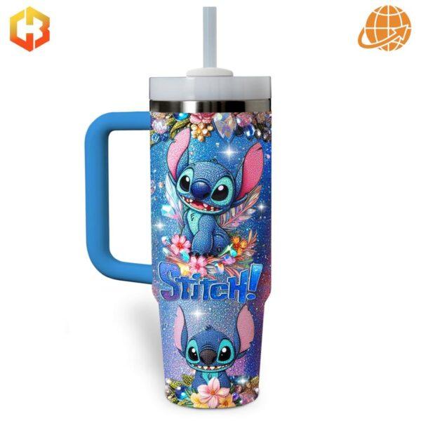 Close-up of Stitch Cartoon Stanley Tumbler showing intricate design with Stitch, flowers, and stars.