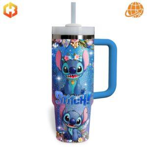 Side profile of Stitch Cartoon Stanley Tumbler with blue handle and all-over Stitch design.