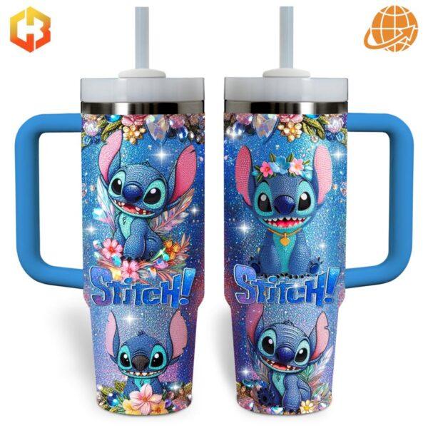 Two Stitch Cartoon Stanley Tumblers showing different Stitch designs and cosmic floral patterns.