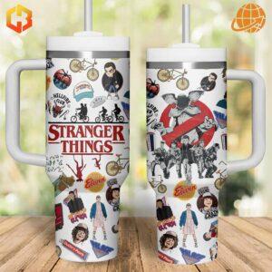 A whimsical tumbler featuring beloved characters from the hit sci-fi series, Stranger Things.