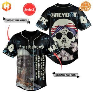 Customizable Suicideboys G59 Baseball Jersey Style 2 with album art and skull designs.