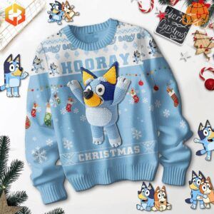 Close-up of Bluey on the Bluey Hooray Christmas Sweater with textured 3D details and vibrant colors.