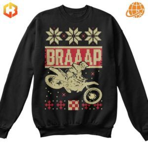 Christmas sweatshirt featuring a rider performing a motocross stunt, with snowflakes and a ‘Braaap’ slogan