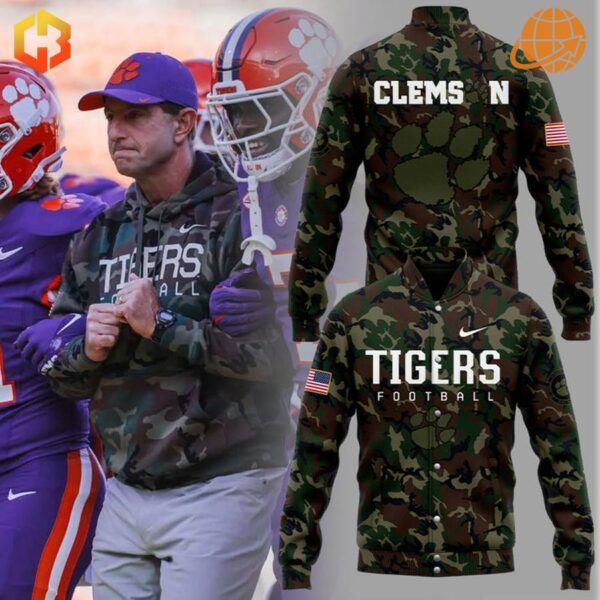 Coach Dabo Swinney in camo jacket with Clemson Tigers branded camo jackets