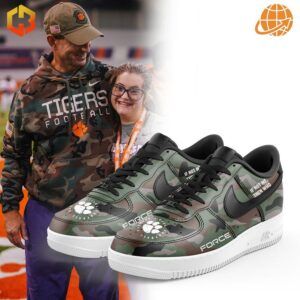 Clemson Tigers themed Nike Air Force 1 shoes with camo design and team logo, next to supporters in team gear.