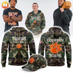 Camo Hoodie with Clemson Tigers Logo and American Flag