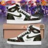 Custom Clemson Tigers Air Jordan 1 sneakers with camouflage design and team logo, displayed on Jordan brand box with football team background.