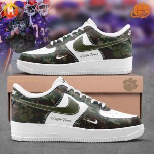 Clemson Tigers Salute to Service Custom Nike Air Force 1 sneaker with camouflage design and custom name inscription.