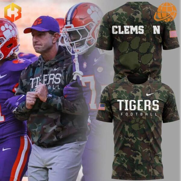 Coach Dabo Swinney in camo gear with Clemson players and product images